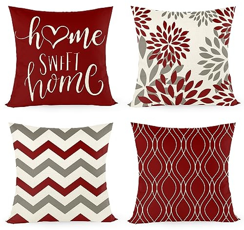 Joyshare Kissenbezug 40x40 4er Set,Dekorative Sofakissen Kissenbezüge Leinen,Home Sweet Home Rot Kissenhülle mit Verstecktem Reissverschluss,40×40cm Rot