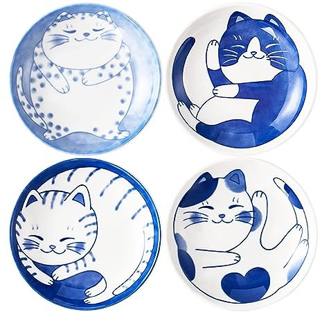Set di 4 piatti per salsa di soia a forma di gatto da 10 cm, ciotole in ceramica per gatti, piatti giapponesi, ciotole, snack, piccoli piattini in ceramica, set di piatti per sushi, mini ciotole,