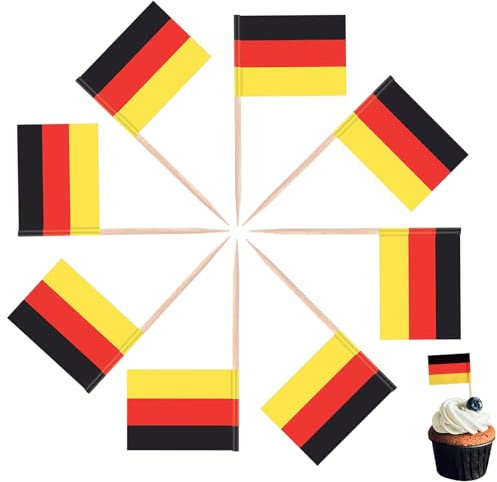 100 decorazioni per torte, con bandierine della Germania, bastoncini per cocktail tedeschi, piccoli bastoncini di frutta, per panini, cibo, cupcake, stoviglie, forniture per feste per la Coppa del