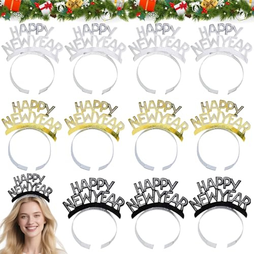 12 Stück Silvester Haarreif, 2026 Happy New Year Haarreif, Silvester Kopfschmuck Tiara Stirnband, Neujahr Fotorequisiten, Haarreifen Silvesterdeko 2026 Haarschmuck Sylvester Party Kostüm Zubehör