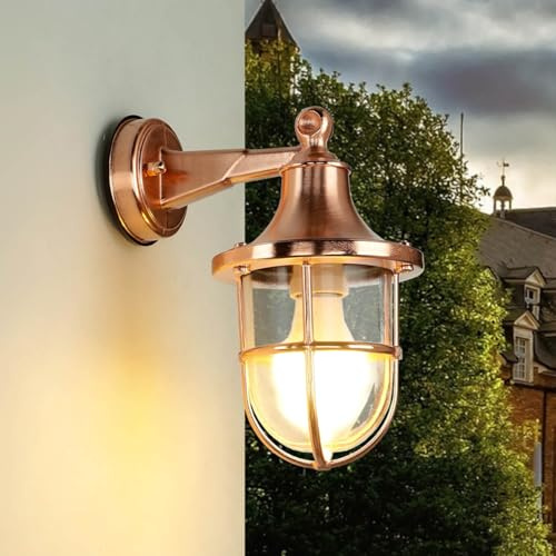Licht-Erlebnisse Wandlampe Aussen Messing in Kupfer, Außenleuchte Wand Lampe Maritim, IP64, E27, H:27 cm, Hof, Haus, Balkon Lampe, Außenlampe Laterne Nostalgie