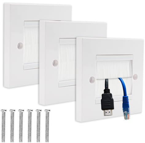 ADERTOS 3 PCS Brush Wall Plate Cable Passthrough Wall Outlet, Wall Mounted Brush Faceplate, Single Gang Cable Access Strap, Tidy Cable Pass Through Insert, Standard White Wallplate with White Brushes
