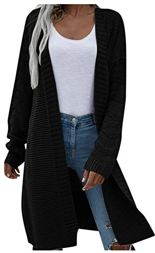 IQYU Cardigan da donna lungo a maglia grossa, giacca estiva leggera, a maglia fine, in tinta unita, cardigan, cotone, per primavera, mezza stagione, giacca estiva, Aa-nero., L