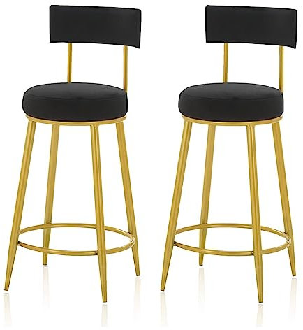 ASHSDI Barhocker Barstuhl Samt-Barhocker, 2er-Set, Frühstücksküche, Thekenstühle, Barstühle, Hohe Hocker Mit Metallbeinen Und Fußstütze Küchenstuhl Thekenstühle(Black+Gold)
