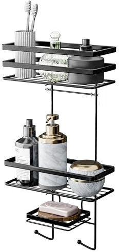 HAZIR Duschablage ohne Bohren – rostfreier DC03 Stahl mit drei Ebenen in schwarz matt – inkl. speziellem Seifenhalter – Duschregal ohne Bohren hohe Tragkraft – auch für Glaskabinen