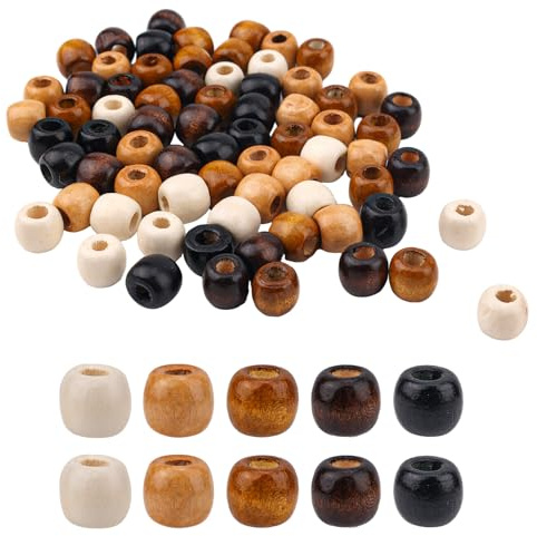 100St Holzperlen mit Großem Loch, 12x11mm Holz Bastelperlen Retro Haar Perlen Braids Abstandsperlen Holz Makramee Perlen zur Schmuckherstellung Haarzöpfe DIY-Bastelarbeiten (5 Farben)