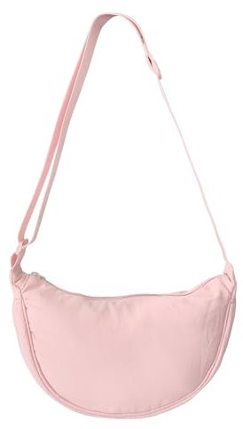 GoPaw Damen Halbmond Crossbody Schultertasche, Hobo Halfmoon Bag, Nylon Crossbody Bag Damen Halbmond Schultertasche mit verstellbarer Schultergurt, Einfarbige(Hellrosa)