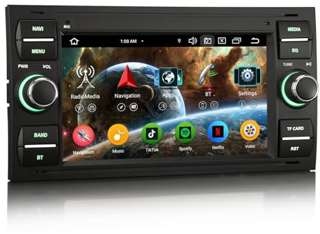 Erisin Android 14 4GB+64GB 8-Kern Autoradio GPS Navi für Ford C-Max S-Max Focus Galaxy Kuga Connect Fiesta Transit 7 Zoll Touchscreen Kabelloses CarPlay Android Auto DAB+WiFi 4G Bluetooth 5.0 DSP OBD2