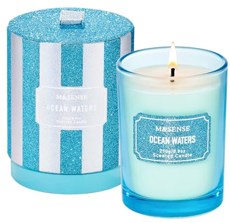 M&SENSE Candele profumate all'acqua dell'oceano, candele natalizie blu per donne, candela di soia naturale dal forte profumo per l'arredamento invernale, 50 ore di combustione