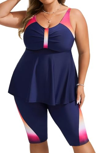 Hanna Nikole Tankini Dam plus size badkläder push-up tankini tvådelat set magkontroll hög midja sommar baddräkt med badshorts, Röd rosa blå gradient, 20 Plus