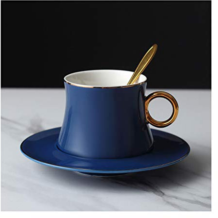 DDKYHU Tassen, Elegante Teetassen und Untertassen mit Goldrand und Kaffeelöffel, britische Kaffeetassen, Teeservice aus Porzellan, 220 ml Kaffeetasse (blau)