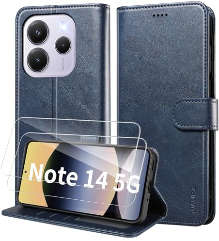 WAURZ Coque pour Xiaomi Redmi Note 14 5G (Pas pour 4G), Etui Coque avec 2 Verre Trempé Porte Carte Clapet à Rabat Portefeuille Cuir Case Housse Protection Cover Étui pour Redmi Note 14 5G,Bleu