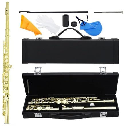 Querflöte E 16 C-Ton-Flöte Mit Geschlossenem Loch Kupfernickel-Flöte Holzblasinstrument Mit E-Tastengehäuse Handschuhen Flötenteile Und Zubehör(Golden)