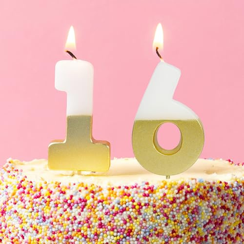 Talking Tables 16th Birthday Candles | Premium Gold Number Cake Toppers for Cakes and Party Decorations | Milestone Celebration Cake Decorations Birthday Candles for Cakes, 5.5 cm Size