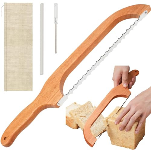 SUQ Trancheuse à Pain Serré, Couteau à Arc de Pain en Bois, Scie à Arc de Banneton pour Pain, Outil de Coupe de Pain Portable avec Corde Suspendue pour Couper du Pain, Bagels, Serrations Bilatérales