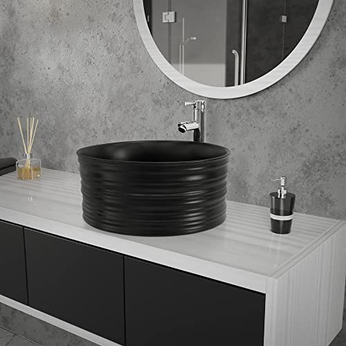 LuxeBath Waschbecken Keramik, rund Ø 410 x 180 mm, Schwarz matt, Aufsatzwaschbecken für Badezimmer/Gäste-WC, Aufsatzbecken im modernen Design, Aufsatzwaschtisch Waschschale Waschplatz Handwaschbecken