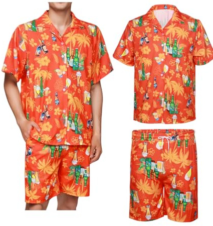Camisa Hawaiana Hombre, Cerveza Camisa Verano Manga Corta Hawaiana Hombre Pantalones Hawaii Flor Playa Vacaciones Piscina (FR/ES, Letras, M, Regular, Regular, Naranja)