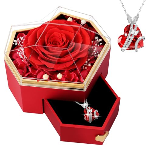 PatNlevs Regalo per Lei, Rosa Eterna con Collana, Regalo Fidanzata, Regali San Valentino,Compleanno, Anniversario, San Valentino per Fidanzata, Regalo Compleanno Mamma (Rosso)