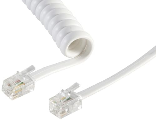 1aTTack.de Câble téléphonique RJ10 (également appelé RJ9, RJ22) 5 x 2 m, câble spiralé pour combiné téléphonique, câble téléphonique fixe, blanc
