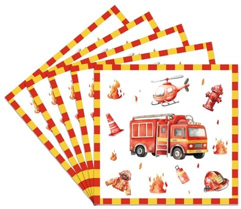 DazzJoy 20 Stück Feuerwehr Servietten, 33 x 33 cm Servietten Feuerwehr Kindergeburtstag Deko Junge Mädchen, Feuerwehrauto Papierservietten für Party Deko Geburtstag, Feuerwehrmann Tischdeko