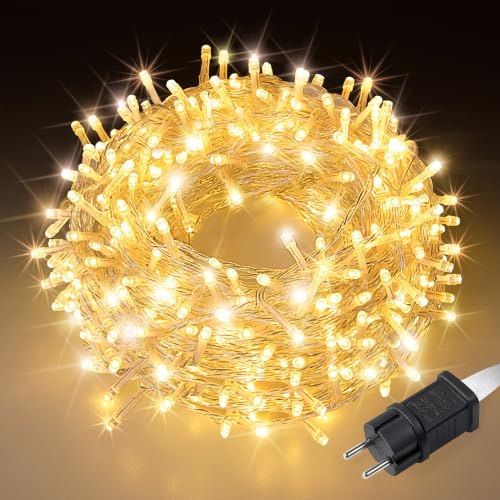 LEECOCO Lichterkette Außen 10m 100 LED, Warmweiß, 8 Modi, IP44 Wasserdicht, Transparentes Kabel, Strombetrieben für Garten, Weihnachten, Hochzeit, Party, Innen & Außenbereich (Warmweiß, 10m 100 LED)