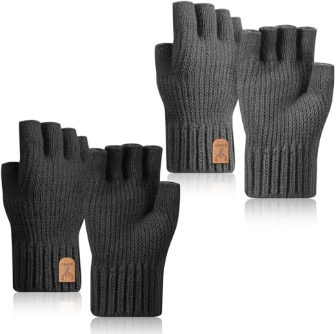 ViEinkaufen 2 Pair Half Finger Gloves, Winter Fingerless Gloves for Men & Women for Work Driving Running Biking Climbing (Black & Grey)