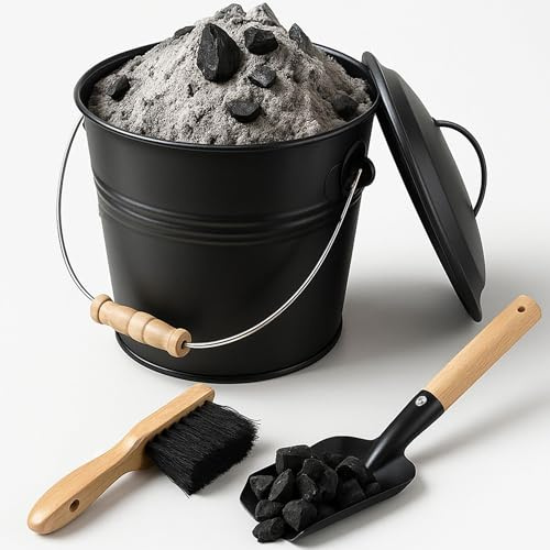 Wacloud Mini Ash Bucket Kit with Lid, Shovel & Brush – 1.5Gallon Metal Fireplace Ash Can for Wood Stoves, Fire Pits & BBQ – Easy-Carry Wooden Handle, Heat-Resistant, Mess-Free Cleanup