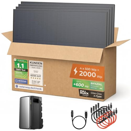 Solarway® 2000Wp / 800W Balkonkraftwerk mit 1,9kWh Speicher komplett Steckdose - 1,9 kWh EcoFlow STREAM Ultra - Solaranlage Komplettset - 500W Solarmodule & EcoFlow Speicher & Zubehör