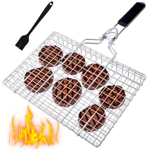 Panier de Barbecue en Acier Inoxydable avec Poignée,Portable Pliable Panier Grille pour Barbecue avec 1 Brosses en Silicone,pour Steak Crevettes Viande Poisson rôti Légumes