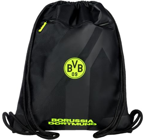 Borussia Dortmunt BVB Turnbeutel, 41 x 43 cm, Schwarz mit Neon-Design, Reißverschlusstasche, Polyester