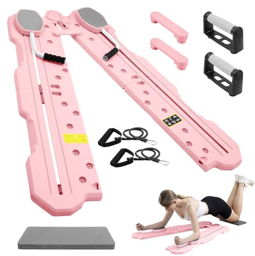 Pilates Board, Pilates Reformer Compact, Tragbare und Faltbare Pilates Reformers Maschine mit Auto Rückprall, multifunktionales Bauchmuskelbrett für Zuhause und im Fitnessstudio - Rosa
