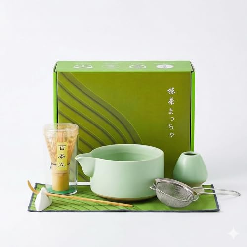 Cecanndila Set Matcha 7 pezzi in verde chiaro: ciotola, scopa, supporto, colino e accessori per cerimonia matcha a casa o come regalo