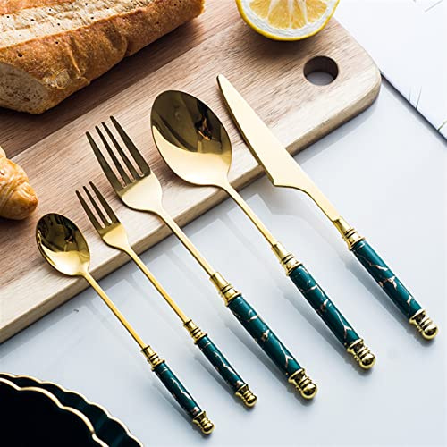 FHSLKXIM Set di Posate 20 Pezzi Set di Posate in Acciaio Inossidabile Dorato Set di Stoviglie Manico in Ceramica di Marmo Smeraldo Coltello Forchetta Cucchiaio Set da Tavola Posat，Marble，Green，Gold