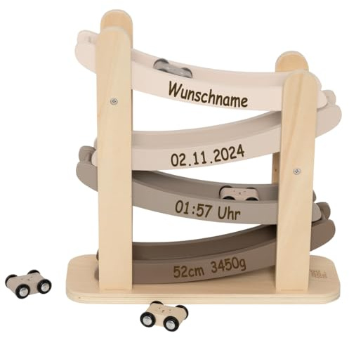 Holz-Kugelbahn personalisierbar mit Name und Geburtsdaten Murmelbahn Autobahn Kleinkind ab 18 Monate Natur