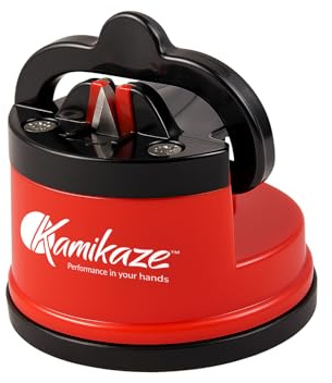 Kamikaze Afilador de Cuchillos y Tijeras de Poda con Base de Succión Segura, Ángulo Fijo de 20°, Hojas de Carburo de Tungsteno, Ideal para Afilar Cuchillos de Cocina, Sierra y Tijeras Kamikaze