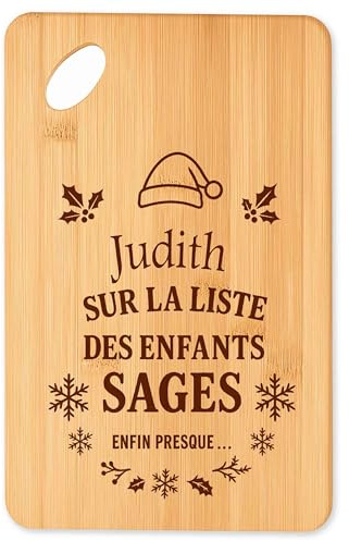Planche à découper Judith Liste des enfants sages - Plateau Apéro en Bambou Cadeau Noël Gravé Collègue Cuisine Barbecue