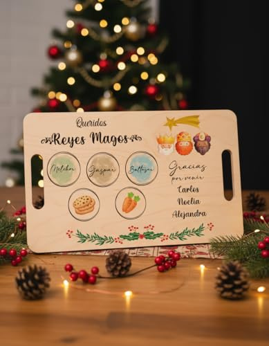 Bandeja Navidad Reyes Magos Personalizada | Tabla de Madera Decorativa para Galletas Leche y Zanahorias | 38x23 cm | Impresión UV | Tradición Navideña para Niños y Familias