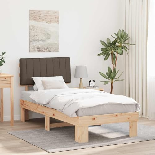 Runheo Bettgestell mit gepolstertem Kopfteil, Taupe, 90 x 200 cm, Kiefernholz, Einzelbett, modernes Schlafzimmer Möbel, langlebig, kein Boxspring erforderlich