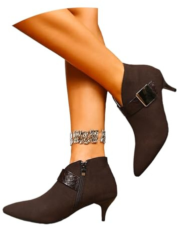 Damkorta Stövlar Med Hög Klack,Spetsiga Ankelboots Mockastövlar Med Metallspänne Sexiga Höga Klackar Bekväma Eleganta Ankelskor(Brown,40 EU)