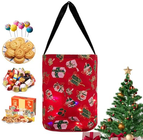 di Halloween luminoso, secchio di Halloween luminoso,Sacchetti di Natale a LED in poliestere - Sacchetti di Natale a luce LED, borsa a secchiello multiuso riutilizzabile, rosso e verde, tote