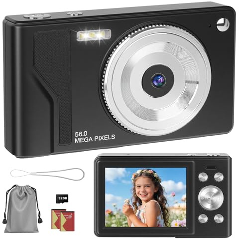 HERBYD Digitalkamera 56MP 1080P FHD Fotokamera mit Autofokus 16X Digitalzoom Fotoapparat Tragbare Kompaktkamera, 2,8 LCD Bildschirm, 32GB SD- Karte & 2 Batterien für Teenager,Anfänger (Schwarz-1)