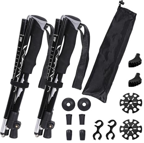 2 Bâtons de Randonnée Pliables et Réglables 110-130cm, Ultralégers en Aluminium, Bâtons pour Marche Nordique avec 5 Paires de Tampons en Caoutchouc pour Trekking et Outdoor