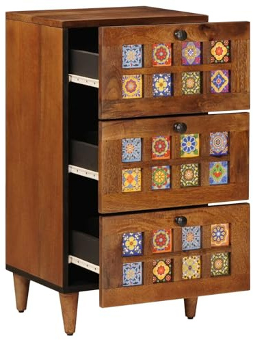 Teenpull Buffet en noyer massif de mangue, 40 x 33 x 75 cm, avec 3 tiroirs, design robuste pour salon, salle à manger, couloir, rangement élégant