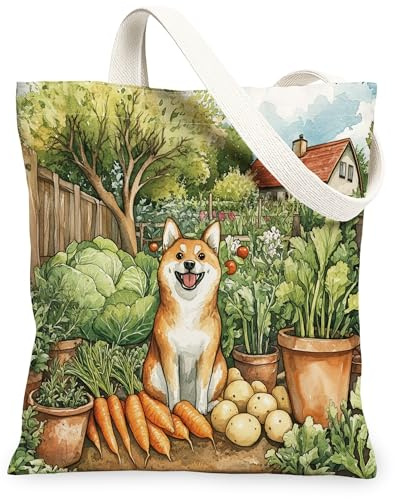 Spring Shiba Inu Dog Gardening Canvas Tote Bag for Shopping 13x15, Puppy Farmhouse Country Reusable Grocery Print Pattern Bag for Women, Planting Aesthetic Painting Gift Decor