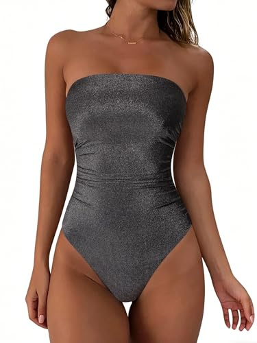 DOULAFASS Women Tummy Control One Piece Swimsuits Ruched Strapless Bandeau Bathing Suits Slimming Swimwear