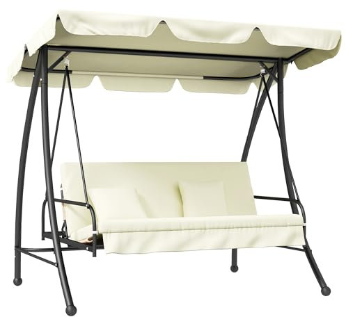 Outsunny 2 in 1 Hollywoodschaukel mit Liegefunktion 3-Sitzer Gartenschaukel mit verstellbarem Sonnendach, Schaukelbank belast bis 240kg, Gartenliege für Garten, Terrasse, 200x125x170 cm, Cremeweiß