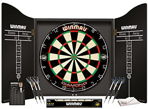 WINMAU Professional Dart Set includes Diamond Plus Bristle Dartboard - Black Cabinet - 2 Sets of Darts - Official Oche Line