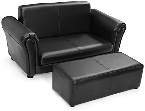 HONEY JOY Kids Sofa, 2 Seat Toddler Couch Lounge Bed with Ottoman, Sturdy Wood Construction, Children PU Leather Upholstered Loveseat Armrest Chair for Bedroom Living Room, Double Seat w/Stool (Black)