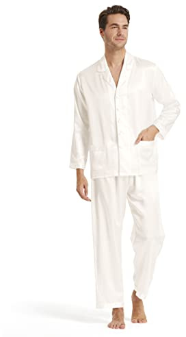 LilySilk Modern sidenpyjamas, hemmadräkt, herrpyjamasset, nattkläder, män, av siden, för trendmedvetna män, Vit, L