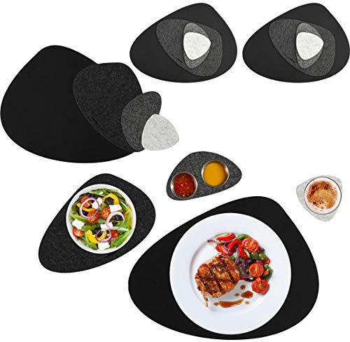 DuneDesign Flusskiesel Tischset Filz 16-teilig – Platzset und Untersetzer für 4 Personen – hitzebeständig, abwaschbar und formstabil - Moderne Tischunterlage für Küche Esszimmer Indoor & Outdoor